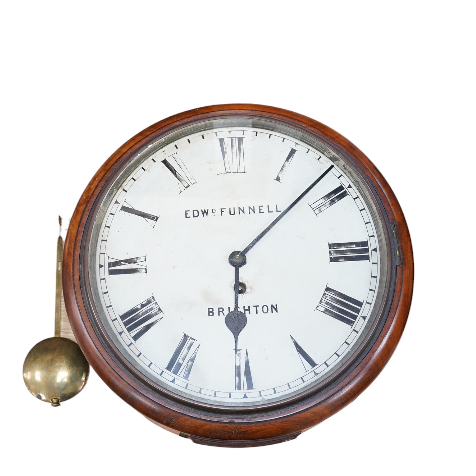 Edward Funnell, Brighton mahogany wall clock, single fusee movement with pendulum, 36cm diameter. Condition - fair to good